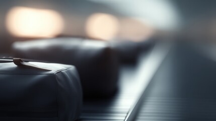 luggage bags moving on conveyor belt toward airplane before departure at airport, travel and transportation concept, realistic lighting, depth of field