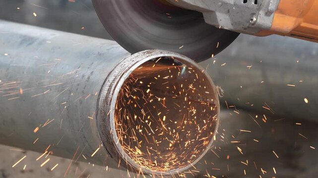 Metal Pipe Being Cut with Angle Grinder in 120fps 4K Slow Motion. Power Tool Cutting Steel Pipe with Spinning Cutting Wheel and Flying Sparks, Industrial Workshop Action Captured in Cinematic High-Det