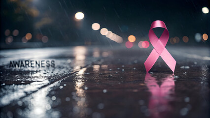 Pink Ribbon Cancer Awareness Concept in Rainy Night Urban Environment