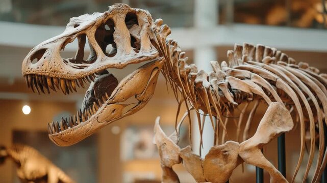 Video A close-up shot of a dinosaur skeleton on display in a museum, providing a detailed view of the fossil's bones and textures