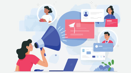 Woman using megaphone to communicate effectively with colleagues online