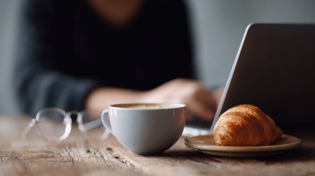Side view Asian woman wearing eyeglasses working on laptop with coffee and croissant on wooden table, morning remote work concept - Powered by Adobe