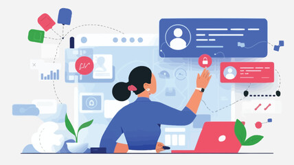 Woman interacting with digital interface for secure online profile