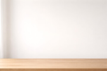 Minimalist Interior Background With Light Wall and Wooden Table, Copy Space