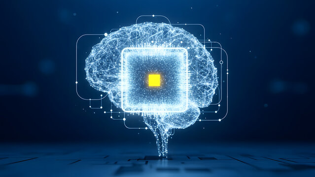 Digital Brain Fusion: A captivating image depicting a human brain intricately interwoven with a central processor, symbolizing the convergence of technology and cognitive function.
