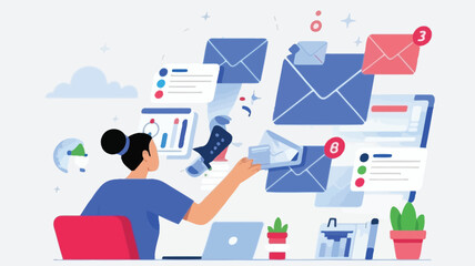 Woman efficiently managing emails and tasks at modern workspace