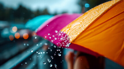 Colorful umbrellas protect people from rain in a busy urban area during a cloudy day
