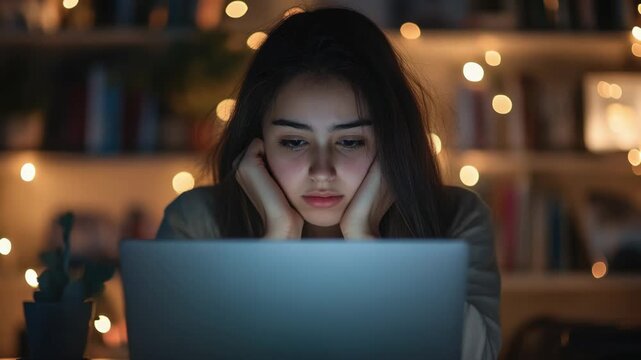 A young female student concentrating on her laptop at night, with lights in the background.