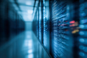 Modern data center corridor showing server racks with glowing blue lights symbolizing advanced technology and high-speed data processing environment