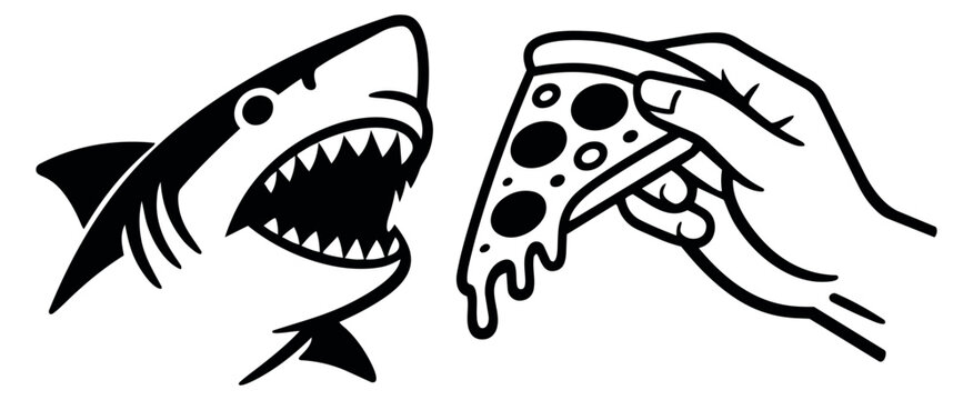 Bold line art design elements set featuring a shark head and a hand holding a melting pizza slice for casual design
