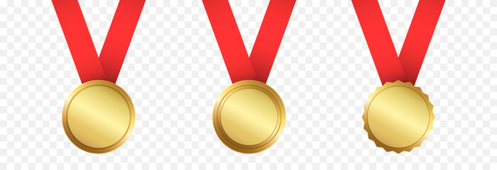 A set of gold medals with a red ribbon PNG. Medals of various types on a transparent background. A symbol of success and victory.