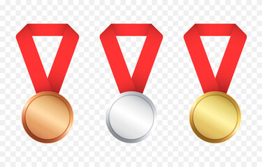 Gold, silver, and bronze medals with a red ribbon PNG. Various medals on a transparent background. A symbol of success and victory.
