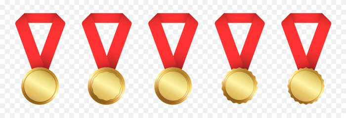 A set of gold medals with a red ribbon PNG. Medals of various types on a transparent background. A symbol of success and victory.