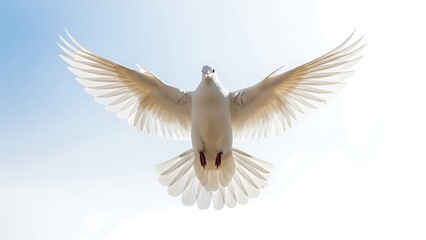 Obraz premium A white dove with outstretched wings against a bright blue sky, symbolizing peace