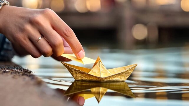 Gentle hands launching origami boat on serene water surface at sunset