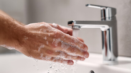 Man washing hands with soap and water under modern chrome faucet in bathroom sink emphasizing hygiene and cleanliness routines at home or workplace