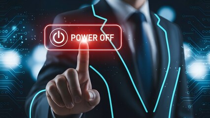 Businessman interacting with a futuristic power off interface in a digital environment