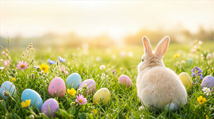 Cute rabbit sitting in a green meadow with colorful Easter eggs and spring flowers. Perfect for Easter cards, holiday invitations, children designs, posters and seasonal branding.