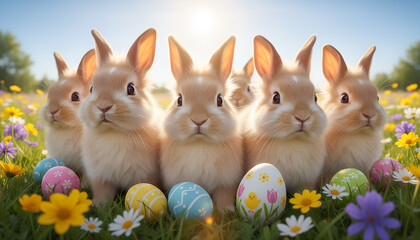 Five cute rabbits sitting on green grass and looking at the camera with colorful Easter eggs. Perfect for Easter cards, children projects, holiday marketing, invitations and spring designs.