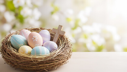 Easter background with a nest full of colorful eggs and a wooden cross, symbol of resurrection and faith. Perfect for religious Easter cards, church posters, invitations and holiday designs.