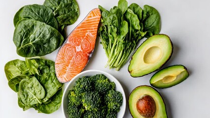 Fresh ingredients transition from raw arrangement to culinary inspiration with salmon, spinach, avocado, and broccoli