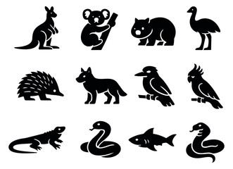 Obraz premium Modern silhouette Australian animals icon set featuring a kangaroo, koala, wombat, and emu for nature and travel concepts