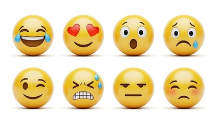 Fototapeta premium Eight various 3D emoji expressions. Emotions range from joy and love to shock and sadness