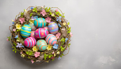 Top view of hand-painted Easter eggs arranged in a nest on a grey background with copy space.
