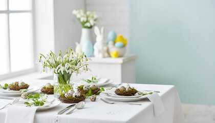 Elegant spring table setting with fresh snowdrops and quail eggs and copy-space.