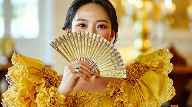 Graceful woman in elegant yellow dress playfully hiding behind decorative fan