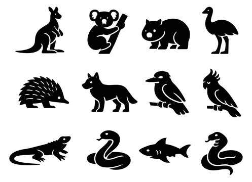 Modern silhouette Australian animals icon set featuring a kangaroo, koala, wombat, and emu for nature and travel concepts