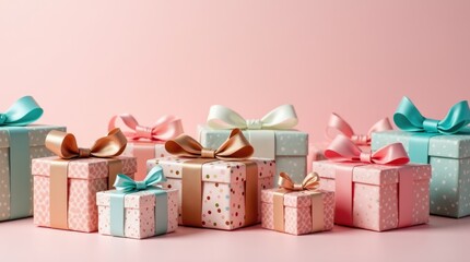 Identically sized gift boxes in different wrappings and ribbons, squad gifts concept showing uniformity and individuality