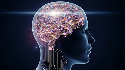 Silhouette of human head with brain circuitry, glowing lines, and abstract concept