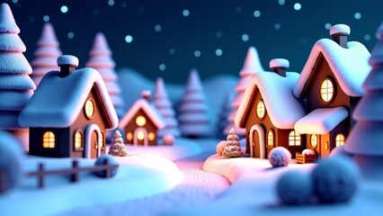 Fototapeta premium Enchanting winter village night, miniature houses glow in the snow