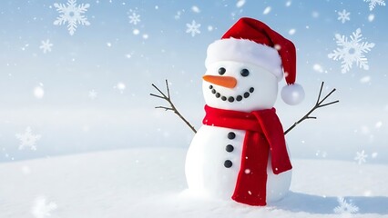 Obraz premium Whimsical snowman with a carrot nose and red scarf on a snow-covered hill, with snowflakes