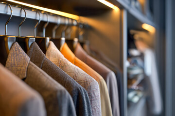 Elegant men's jackets in various shades and patterns neatly arranged on hangers inside a sophisticated walk-in closet with warm ambient lighting