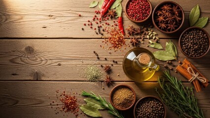 Spices and herbs in wooden bowls with olive oil in warm directional lighting on rustic wooden surface for culinary and food photography.