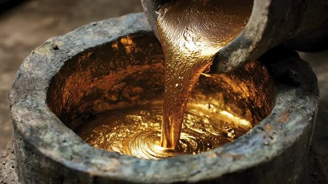 Molten bronze flows smoothly into an antiqued open mold capturing the ageold gravity pouring technique with warm glowing hues and textured metal surfaces.