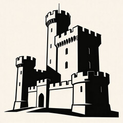 Black silhouette of a medieval castle with towers and walls  