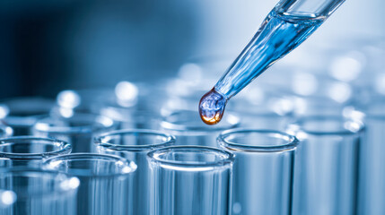 Liquid drop from pipette about to fall into row of clean transparent test tubes during scientific experiment in laboratory setting with cool blue tones