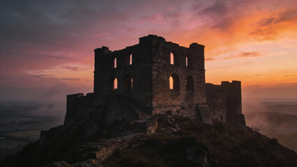 Fototapeta premium Historic castle ruins on rocky hilltop during sunset 