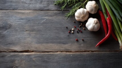rustic cooking background with vegetables and spices on old wooden table, flat lay