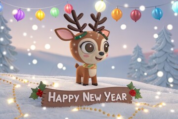 Naklejka premium Festive Deer Standing in the Snow With Decorations for New Year Celebration