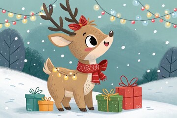 Fototapeta premium Cute Reindeer Stands by Wrapped Gifts in a Winter Scene With Snow