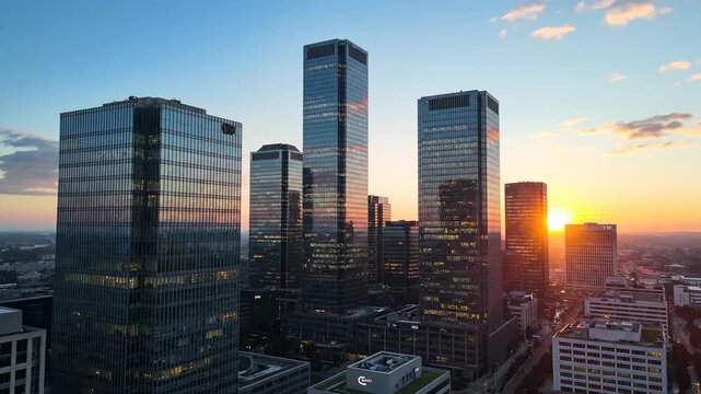 Modern city skyline at sunset high rise buildings and orange sky