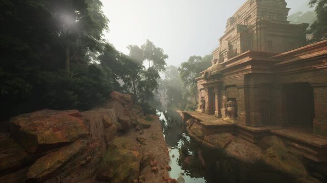 mossy temple by narrow river, cinematic drone pass revealing ancient sandstone ruins tucked into misty jungle canyon, overgrown vines and rocky pathway, quiet