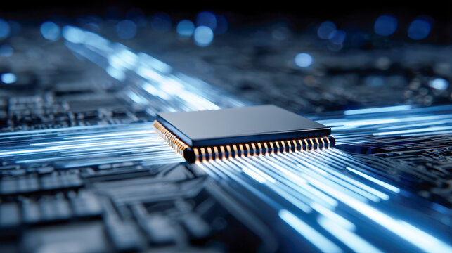 High-tech microprocessor chip with glowing data pathways on a futuristic circuit board symbolizing digital connectivity and advanced technology innovations