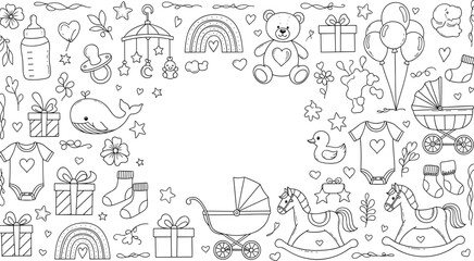 Cute Baby Doodle Frame Line Art Illustration Featuring Toys, Clothes, Gifts and Nursery Elements for Baby Shower Invitations, Coloring Pages and Stock Design