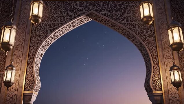 Viewing an ornate architectural arch with intricate patterns and hanging lanterns at dusk
