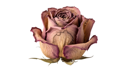 Dried pink and purple rose bud with aged, textured petals isolated on transparent background